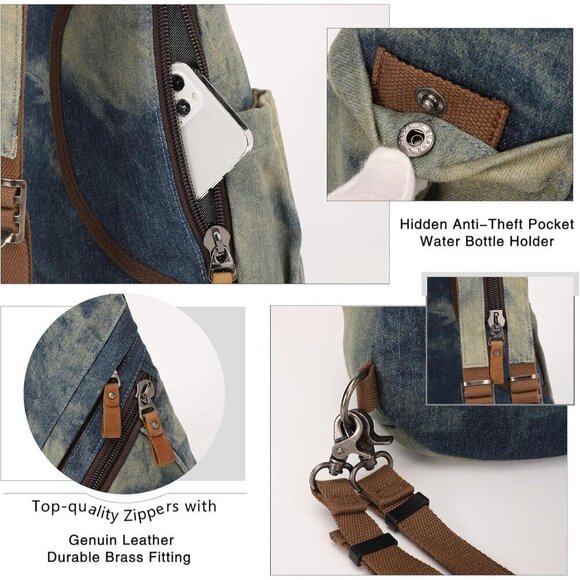 Canvas blue-yellow Sling Bag Small Crossbody Backpack Shoulder for Men Women - Picture 4 of 7